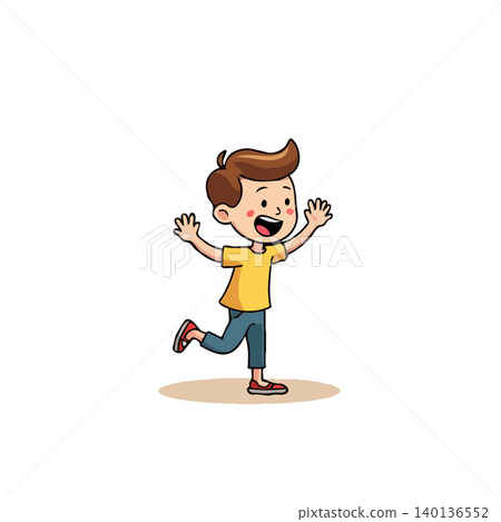 A vibrant cartoon illustration depicts a cheerful boy with outstretched arms and a joyful expression. The image conveys a sense of excitement, happiness, and playful energy, capturing the essence of 140136552