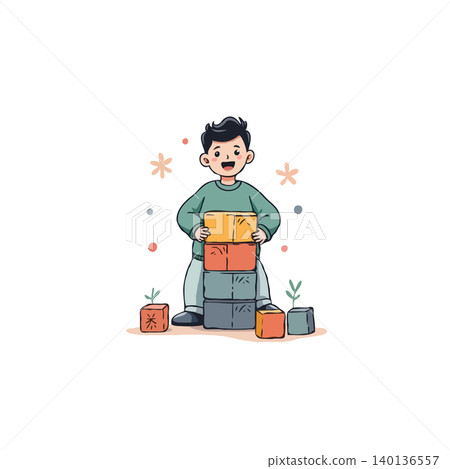 An enchanting vector illustration depicts a young boy joyfully building with vibrantly colored blocks, fostering creativity and development. The cartoon style adds a charming, youthful touch, 140136557