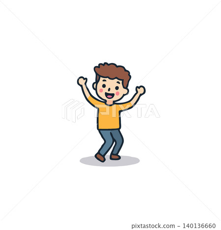 A charming cartoon illustration features a cheerful boy celebrating with arms raised high, embodying happiness and success. This delightful character exudes positivity and youthful energy, perfect A charming cartoon illustration features a cheerful boy celebrating with arms raised high, embodying happiness and success. This delightful character exudes positivity and youthful energy, perfect 140136660