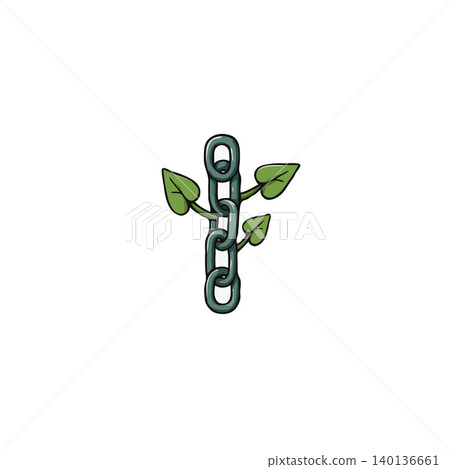 This image portrays an industrial chain adorned with sprouting leaves, symbolizing the union of resilience and growth. It represents the enduring power of nature triumphing over adversity, This image portrays an industrial chain adorned with sprouting leaves, symbolizing the union of resilience and growth. It represents the enduring power of nature triumphing over adversity, 140136661