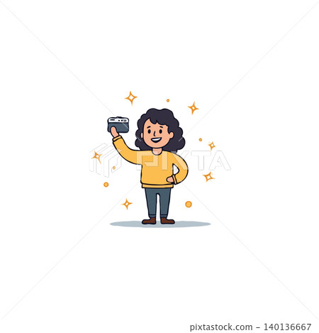 A cheerful cartoon girl with curly hair is taking a selfie with her mobile phone, surrounded by sparkling stars. The illustration captures a moment of joy and positivity, showcasing a modern and 140136667
