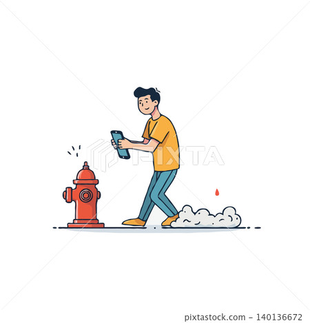 A young man walks down the street engrossed in his phone, completely unaware that he is activating a fire hydrant. This whimsical cartoon illustration highlights the dangers of distracted walking A young man walks down the street engrossed in his phone, completely unaware that he is activating a fire hydrant. This whimsical cartoon illustration highlights the dangers of distracted walking 140136672
