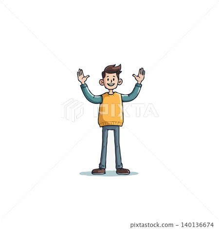An animated character stands with a joyful expression, raising his hands in a welcoming gesture. The simple cartoon style illustration conveys positivity and cheerfulness, inviting viewers into a An animated character stands with a joyful expression, raising his hands in a welcoming gesture. The simple cartoon style illustration conveys positivity and cheerfulness, inviting viewers into a 140136674