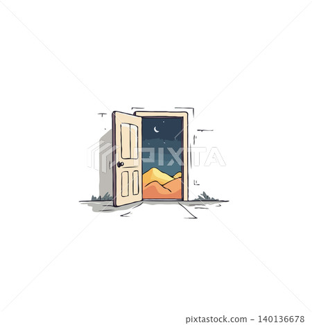 A doorway stands open, inviting passage to a surreal desert landscape bathed in soft moonlight and stars. This evocative illustration symbolizes dreams, possibilities, and the promise of new 140136678