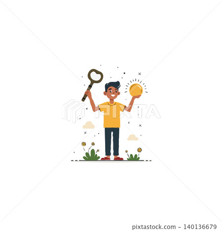 A cartoon illustration shows a man holding a metaphorical key while celebrating a bright success. This image symbolizes unlocking potential, new opportunities and achieving goals through optimism 140136679