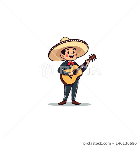 Delightful cartoon depiction of a young mariachi performer radiating cheer while playing his guitar. The illustration captures the essence of festive Mexican culture, presenting a heart warming 140136680
