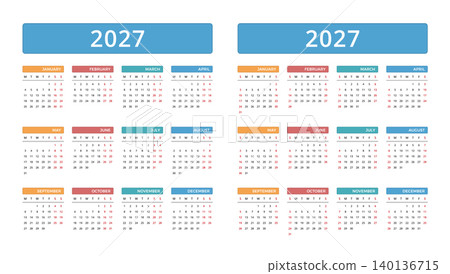 Yearly Calendar Template for 2027 with Monday and Sunday Start Yearly Calendar Template for 2027 with Monday and Sunday Start 140136715