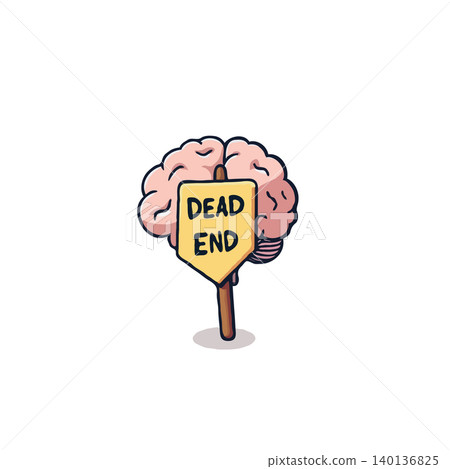A cartoon illustration depicts a pink brain character holding a yellow dead end sign representing the concept of hitting a mental block or obstacle. This visualization serves as a metaphor for the A cartoon illustration depicts a pink brain character holding a yellow dead end sign representing the concept of hitting a mental block or obstacle. This visualization serves as a metaphor for the 140136825