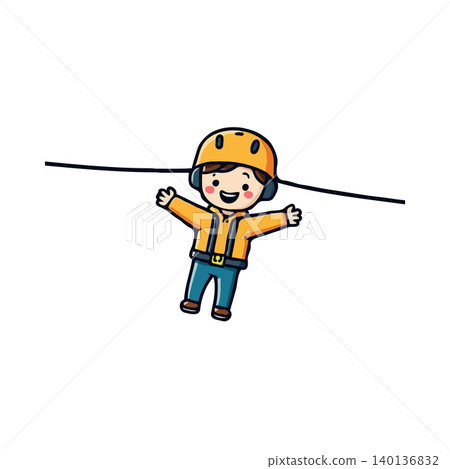 An adorable cartoon boy enjoys a thrilling zip line ride, displaying pure joy. He's wearing a helmet and safety gear. This illustration captures the essence of childhood adventure, playful energy 140136832