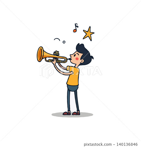 This joyful cartoon depicts a young musician with enthusiasm playing his shiny trumpet. Musical notes and stars float around him showing the happiness he finds in his creative performance. Perfect This joyful cartoon depicts a young musician with enthusiasm playing his shiny trumpet. Musical notes and stars float around him showing the happiness he finds in his creative performance. Perfect 140136846