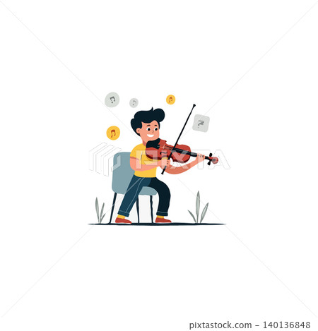 Illustration of a young, enthusiastic boy passionately playing the violin while seated on a chair. Musical notes surround him, symbolizing his immersion in music. This imagery captures the joy of Illustration of a young, enthusiastic boy passionately playing the violin while seated on a chair. Musical notes surround him, symbolizing his immersion in music. This imagery captures the joy of 140136848