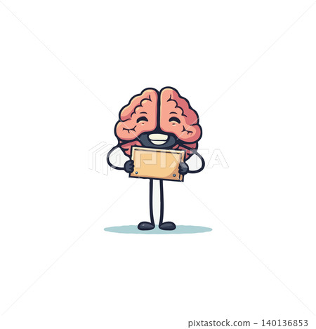 A cheerful cartoon brain character stands holding a blank sign, providing space for customized messages. This illustration represents intelligence, awareness, cognitive, the power of learning and A cheerful cartoon brain character stands holding a blank sign, providing space for customized messages. This illustration represents intelligence, awareness, cognitive, the power of learning and 140136853