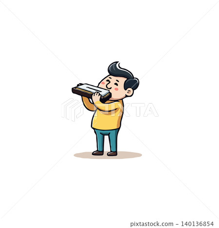 A cheerful cartoon character is portrayed passionately playing the harmonica. The illustration conveys a sense of musical enjoyment and personal expression through this solo performance, emphasizing A cheerful cartoon character is portrayed passionately playing the harmonica. The illustration conveys a sense of musical enjoyment and personal expression through this solo performance, emphasizing 140136854