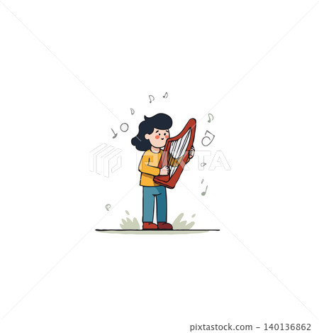 A young girl stands gracefully playing a harp, surrounded by gentle musical notes floating in the air, symbolizing a moment of childhood innocence and serene musicality, the image offers a sense of 140136862