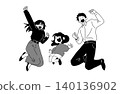 An illustration of a smiling family of three happily jumping. 140136902