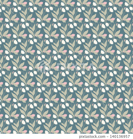 Seamless pattern with delicate pink and white flowers on a dusty blue background, flat floral design Seamless pattern with delicate pink and white flowers on a dusty blue background, flat floral design 140136957