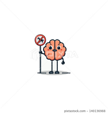 A whimsical brain character stands holding a 'no horseback riding' sign, illustrating humorous limitations on cognitive functions and unexpected mental boundaries. This creative concept evokes a A whimsical brain character stands holding a 'no horseback riding' sign, illustrating humorous limitations on cognitive functions and unexpected mental boundaries. This creative concept evokes a 140136988