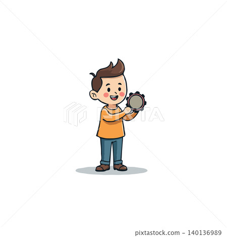 A delightful cartoon illustration features a cheerful young boy holding a tambourine, ready for a fun musical session. The image captures the essence of childhood joy and the simple pleasure of A delightful cartoon illustration features a cheerful young boy holding a tambourine, ready for a fun musical session. The image captures the essence of childhood joy and the simple pleasure of 140136989