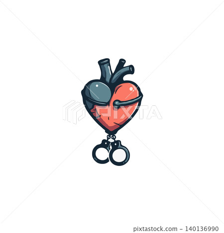 This evocative image presents a stylized anatomical heart illustration, symbolically linked to handcuffs. It represents concepts of emotional captivity, restricted love, and the delicate balance This evocative image presents a stylized anatomical heart illustration, symbolically linked to handcuffs. It represents concepts of emotional captivity, restricted love, and the delicate balance 140136990