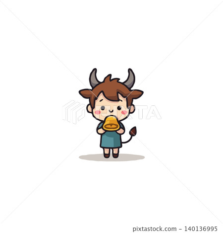 A delightful cartoon image showcasing a cute, kid-like bovine creature. The fusion of animal and human features, combined with its cheerful expression and the object it holds, makes this 140136995