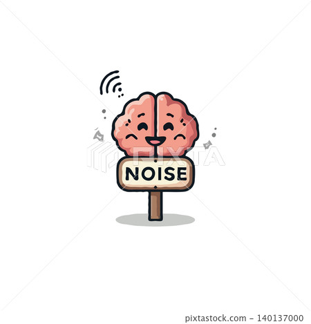 A stylized illustration representing the concept of mental noise and information overload. A cartoon brain character is depicted with a sign that says noise, surrounded by signal waves, symbolizing A stylized illustration representing the concept of mental noise and information overload. A cartoon brain character is depicted with a sign that says noise, surrounded by signal waves, symbolizing 140137000