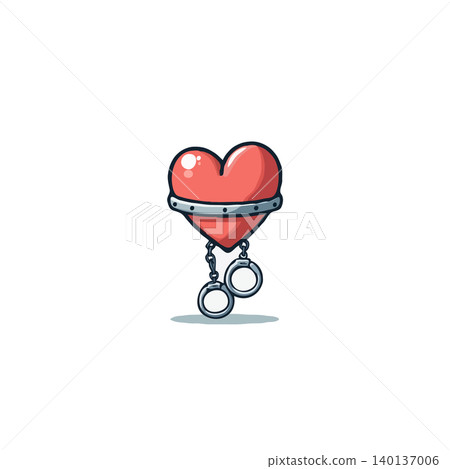 A stylized cartoon heart bound by a metal band and hanging handcuffs. This playful image evokes themes of love's constraints, security, or the feeling of being bound by emotions, rendered in a A stylized cartoon heart bound by a metal band and hanging handcuffs. This playful image evokes themes of love's constraints, security, or the feeling of being bound by emotions, rendered in a 140137006