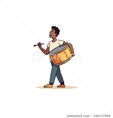 An animated illustration showing an african american man carrying a large drum along with a drumstick. The image displays the passion of music with the man in action to create rhythm. The character An animated illustration showing an african american man carrying a large drum along with a drumstick. The image displays the passion of music with the man in action to create rhythm. The character 140137009