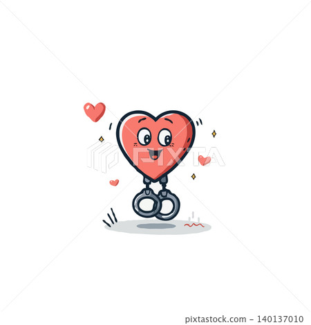 Charming illustration showcasing a cheerful cartoon heart character humorously bound by whimsical handcuffs. This image conveys a playful and emotive message about love, constraints, and the Charming illustration showcasing a cheerful cartoon heart character humorously bound by whimsical handcuffs. This image conveys a playful and emotive message about love, constraints, and the 140137010