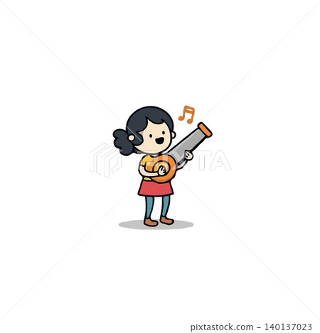 A delightful cartoon illustration features a cheerful girl playing a unique tin can guitar. Her joyous expression and the whimsical nature of the instrument create a sense of fun and innocent A delightful cartoon illustration features a cheerful girl playing a unique tin can guitar. Her joyous expression and the whimsical nature of the instrument create a sense of fun and innocent 140137023