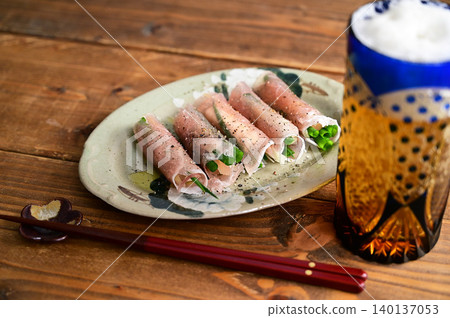 Prosciutto wrapped around green onions, fresh ginger, and cream cheese. Prosciutto wrapped around green onions, fresh ginger, and cream cheese. 140137053