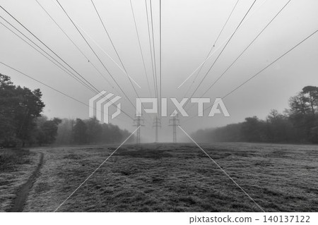Transmission corridor in dense fog Transmission corridor in dense fog 140137122