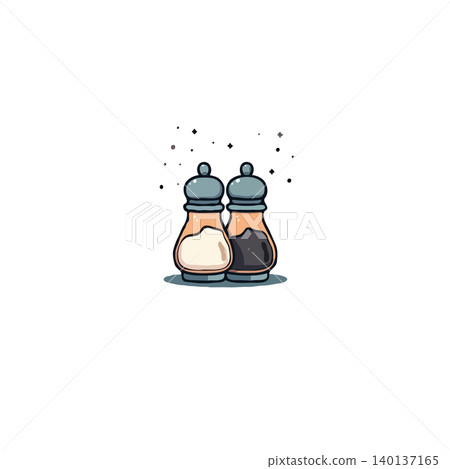 A delightful minimalistic illustration of salt and pepper shakers. The cartoon-style shakers are paired together, accented by small stars, perfect for culinary themes or playful kitchen decor. A A delightful minimalistic illustration of salt and pepper shakers. The cartoon-style shakers are paired together, accented by small stars, perfect for culinary themes or playful kitchen decor. A 140137165