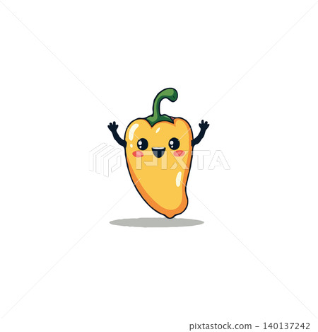 A charming cartoon illustration showcasing a happy yellow pepper with endearing kawaii features. Its smiling face and welcoming arms give it a playful, inviting personality, promoting a joyful and A charming cartoon illustration showcasing a happy yellow pepper with endearing kawaii features. Its smiling face and welcoming arms give it a playful, inviting personality, promoting a joyful and 140137242