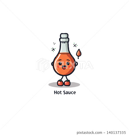 An endearing illustration features a happy hot sauce bottle character, complete with eyes, a smile, and a single falling drop of its essence. The character stands on small legs with vibrant feet, An endearing illustration features a happy hot sauce bottle character, complete with eyes, a smile, and a single falling drop of its essence. The character stands on small legs with vibrant feet, 140137335