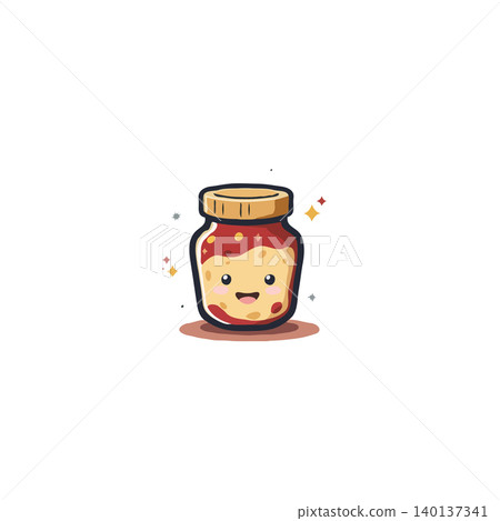 A charming illustration featuring a jam jar with a smiling face and a glistening lid. The bright colors and sparkly details give it a playful and inviting feel, perfect for children's products or A charming illustration featuring a jam jar with a smiling face and a glistening lid. The bright colors and sparkly details give it a playful and inviting feel, perfect for children's products or 140137341