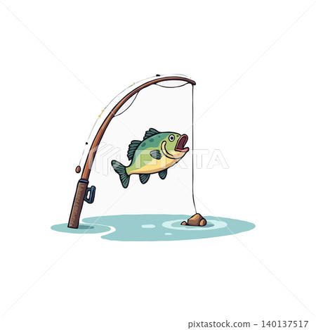 A colorful cartoon illustration features a surprised fish caught on a fishing rod above water. The scene depicts a humorous moment of an angler's success, full of cheerfulness in a recreational A colorful cartoon illustration features a surprised fish caught on a fishing rod above water. The scene depicts a humorous moment of an angler's success, full of cheerfulness in a recreational 140137517