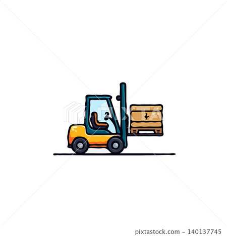 A vibrant illustration depicts a forklift, embodying efficiency in material handling. It showcases the movement of a wooden crate, symbolizing logistical operations. This image is suitable for 140137745