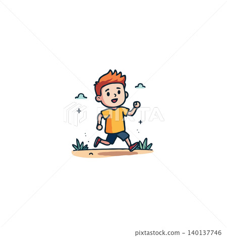 A delightful cartoon illustration captures a cheerful young boy in mid-run across a grassy field beneath a smattering of clouds. The image radiates a sense of youthful energy, freedom, and the pure A delightful cartoon illustration captures a cheerful young boy in mid-run across a grassy field beneath a smattering of clouds. The image radiates a sense of youthful energy, freedom, and the pure 140137746