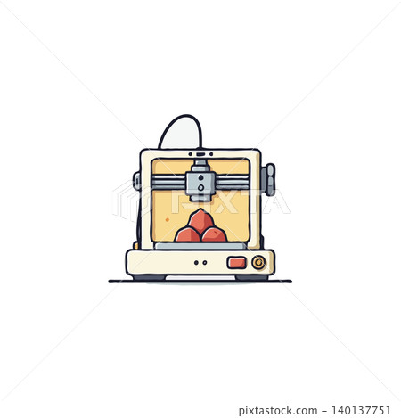 A simplified illustration showing a three-dimensional printer fabricating a meat-like structure, representing potential future food production. The technology highlights an innovative approach to 140137751