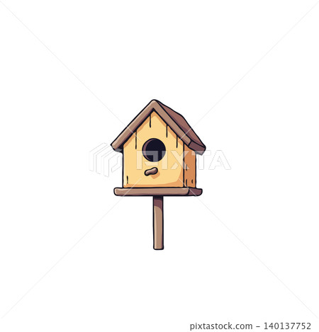 A delightful illustration showcases a simple, wooden birdhouse perched atop a sturdy post, creating an inviting haven for avian visitors. The cozy design brings charm to any garden, fostering nature 140137752