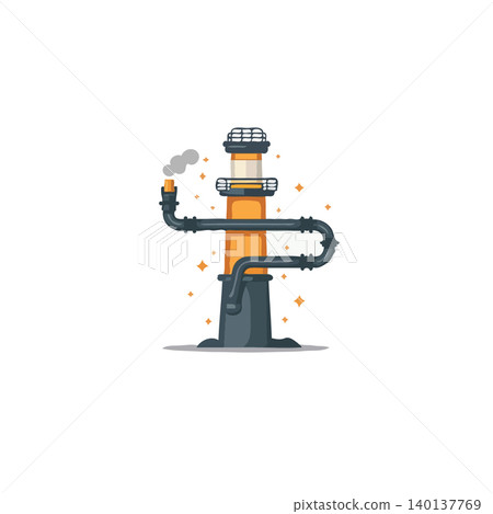 This stylized industrial illustration portrays a quirky facility with intricate piping and whimsical details. It evokes a fantasy concept art style, presenting a visually appealing depiction of 140137769