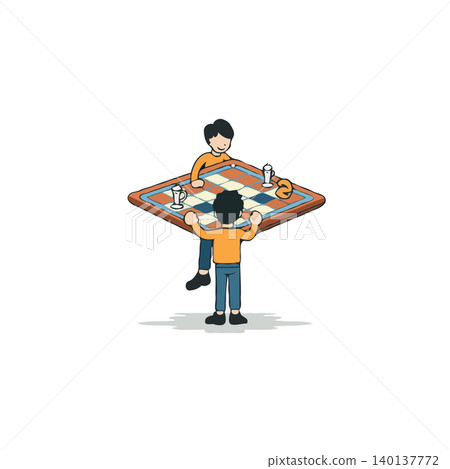 A stylized illustration features two individuals seemingly collaborating or competing in a game on an outsized checkered platform. This depicts elements of fun, interaction, and youthful hobbies, 140137772