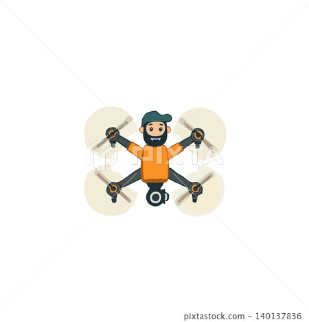 A charming cartoon illustration showcases a bearded man acting as the central body of a drone. With propellers for arms and legs, this playful design blends human form with technology. It's a A charming cartoon illustration showcases a bearded man acting as the central body of a drone. With propellers for arms and legs, this playful design blends human form with technology. It's a 140137836