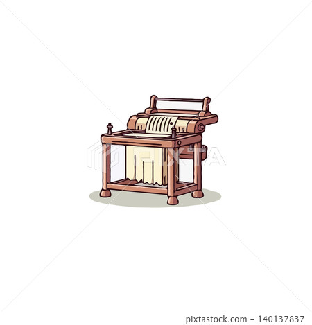 A detailed illustration of a vintage mimeograph machine, meticulously rendered with clean lines. The analog duplicating technology is showcased through its wooden framework, rollers, and levers, A detailed illustration of a vintage mimeograph machine, meticulously rendered with clean lines. The analog duplicating technology is showcased through its wooden framework, rollers, and levers, 140137837
