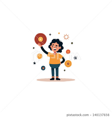 A cheerful character excitedly holds a disc resembling a planet, set within a playfully designed universe with swirling abstract shapes and star-like elements. This evokes a sense of joy, cosmic A cheerful character excitedly holds a disc resembling a planet, set within a playfully designed universe with swirling abstract shapes and star-like elements. This evokes a sense of joy, cosmic 140137838