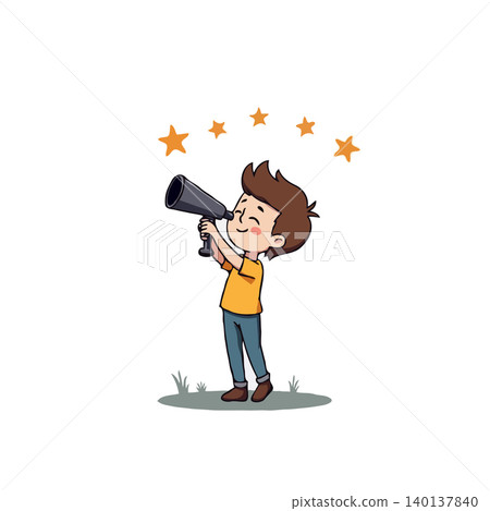 A young boy enthusiastically gazes through a telescope, embarking on a cosmic adventure to discover celestial wonders amidst a backdrop of shimmering stars, captured in a playful cartoon A young boy enthusiastically gazes through a telescope, embarking on a cosmic adventure to discover celestial wonders amidst a backdrop of shimmering stars, captured in a playful cartoon 140137840