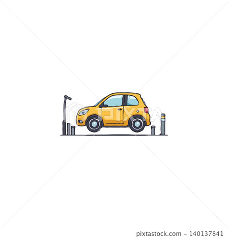 A digitally illustrated depiction of a cheerful yellow compact car parked gracefully alongside a classic urban street lamp post and a set of robust traffic bollards. The clean design emphasizes A digitally illustrated depiction of a cheerful yellow compact car parked gracefully alongside a classic urban street lamp post and a set of robust traffic bollards. The clean design emphasizes 140137841