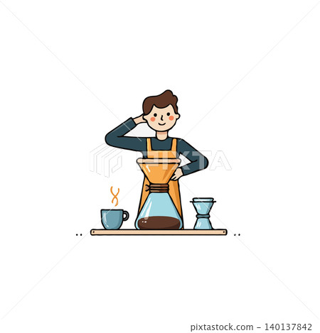 A whimsical cartoon illustration depicts a barista engrossed in the art of pour-over coffee. The detailed brewing process and thoughtful pose create a calming ambiance. It's a visual narrative of 140137842