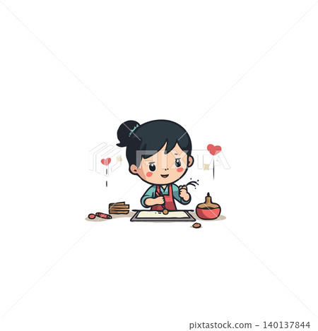 A delightful cartoon illustration featuring a young girl lovingly engaged in the preparation of sweets with hearts on the background, conveying a sense of warmth, affection, and cheerful home baking 140137844