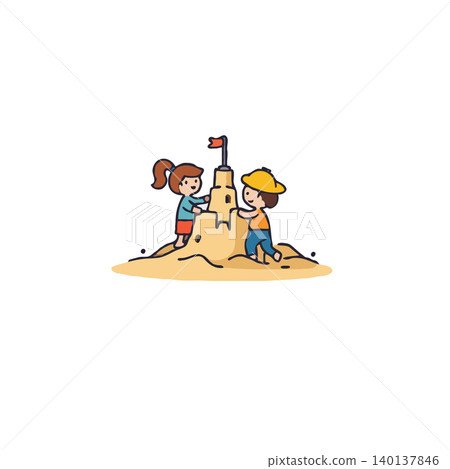 A charming illustration depicts two children joyfully constructing a sandcastle on a sunny beach. Their collaborative effort, radiating childhood innocence and seaside fun, evokes memories of summer 140137846